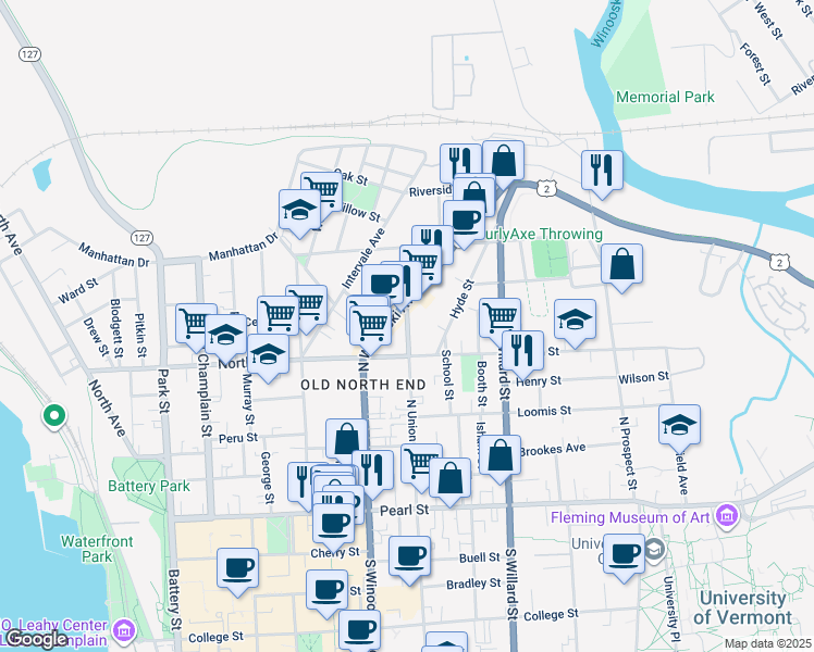 map of restaurants, bars, coffee shops, grocery stores, and more near 29 Hyde Street in Burlington