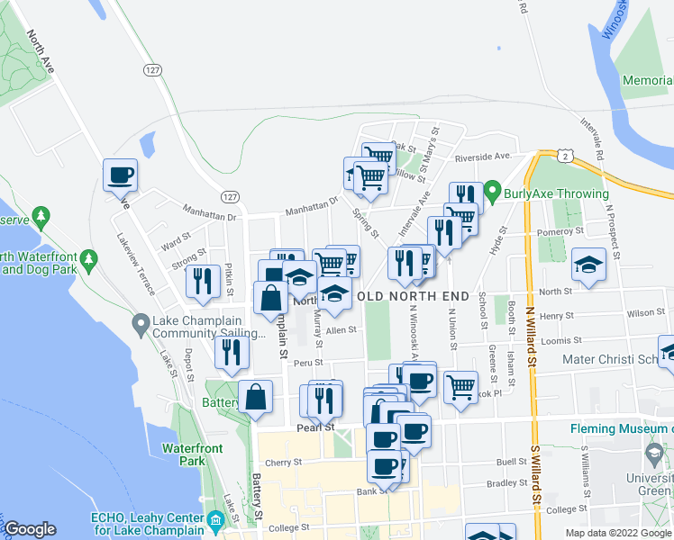 map of restaurants, bars, coffee shops, grocery stores, and more near 160 North Street in Burlington