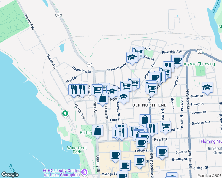 map of restaurants, bars, coffee shops, grocery stores, and more near 122 North Street in Burlington