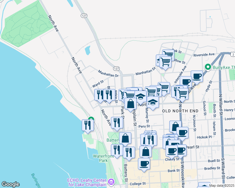 map of restaurants, bars, coffee shops, grocery stores, and more near 175 Park Street in Burlington