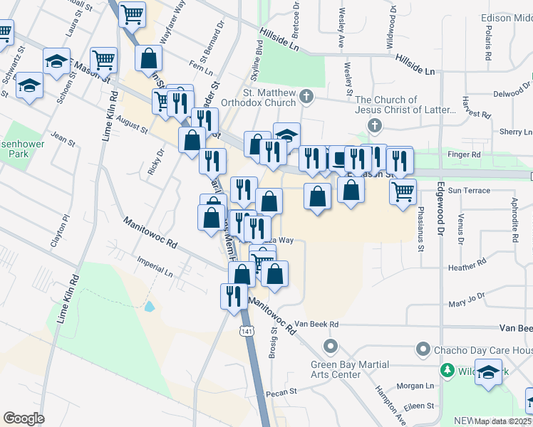 map of restaurants, bars, coffee shops, grocery stores, and more near 2280 East Mason Street in Green Bay
