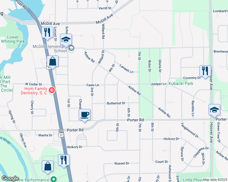 map of restaurants, bars, coffee shops, grocery stores, and more near 711 5th Street in Plover