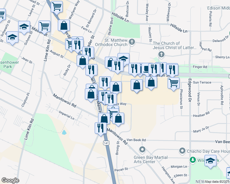 map of restaurants, bars, coffee shops, grocery stores, and more near 2280 East Mason Street in Green Bay