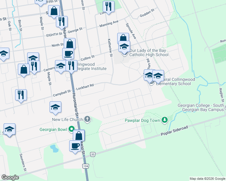 map of restaurants, bars, coffee shops, grocery stores, and more near 42 Lockhart Road in Collingwood