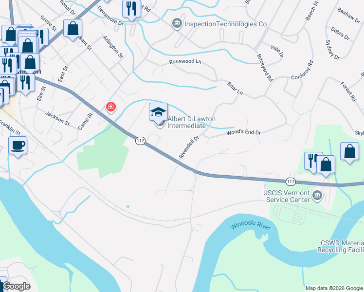 map of restaurants, bars, coffee shops, grocery stores, and more near 7 Rivendell Drive in Essex