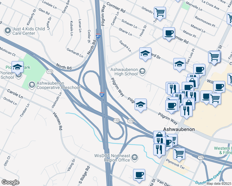 map of restaurants, bars, coffee shops, grocery stores, and more near 1079 Pilgrim Way in Ashwaubenon