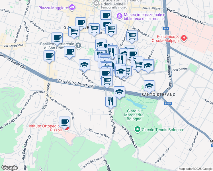map of restaurants, bars, coffee shops, grocery stores, and more near 2-18 Via degli Angeli in Bologna