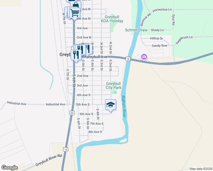 map of restaurants, bars, coffee shops, grocery stores, and more near 225 3rd Avenue South in Greybull
