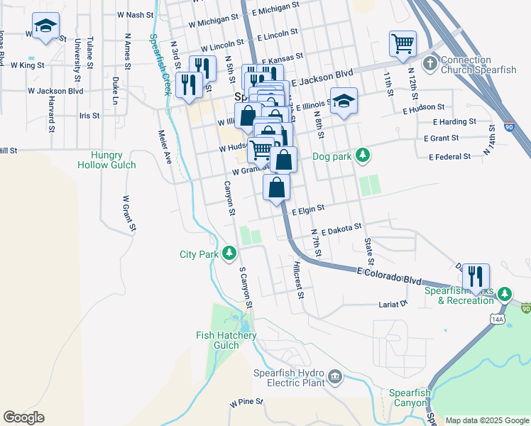 map of restaurants, bars, coffee shops, grocery stores, and more near 306 North 5th Street in Spearfish
