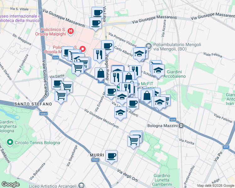 map of restaurants, bars, coffee shops, grocery stores, and more near 4 Via Adolfo Albertazzi in Bologna