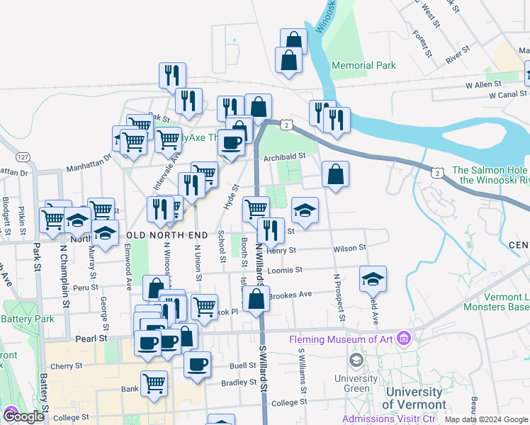 map of restaurants, bars, coffee shops, grocery stores, and more near 159 North Willard Street in Burlington