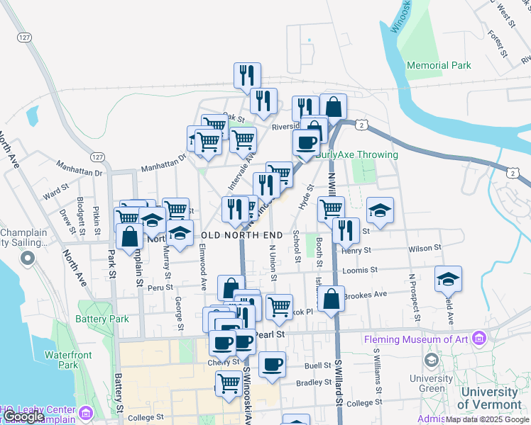map of restaurants, bars, coffee shops, grocery stores, and more near 186 North Winooski Avenue in Burlington
