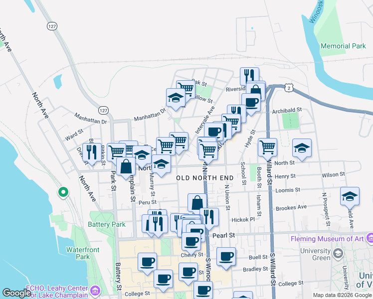 map of restaurants, bars, coffee shops, grocery stores, and more near 176 Elmwood Avenue in Burlington