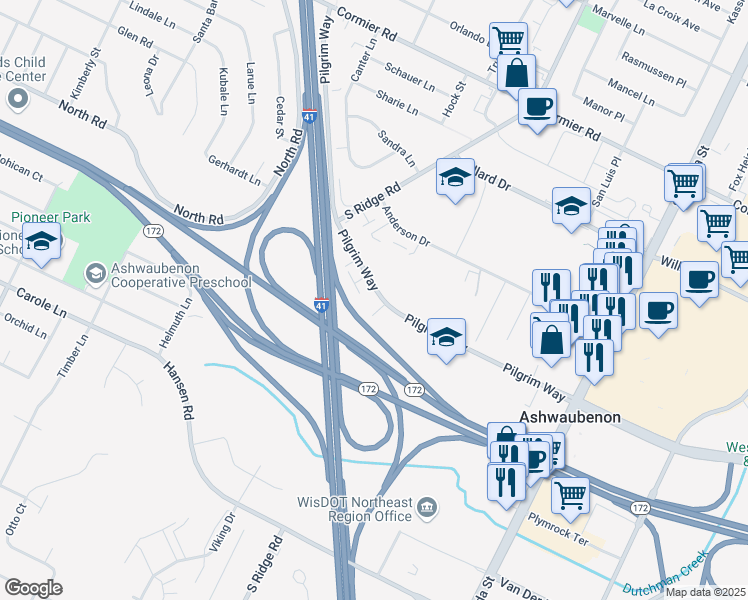 map of restaurants, bars, coffee shops, grocery stores, and more near 1069 Pilgrim Way in Green Bay