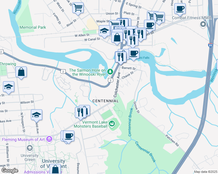 map of restaurants, bars, coffee shops, grocery stores, and more near 114 Riverside Avenue in Burlington