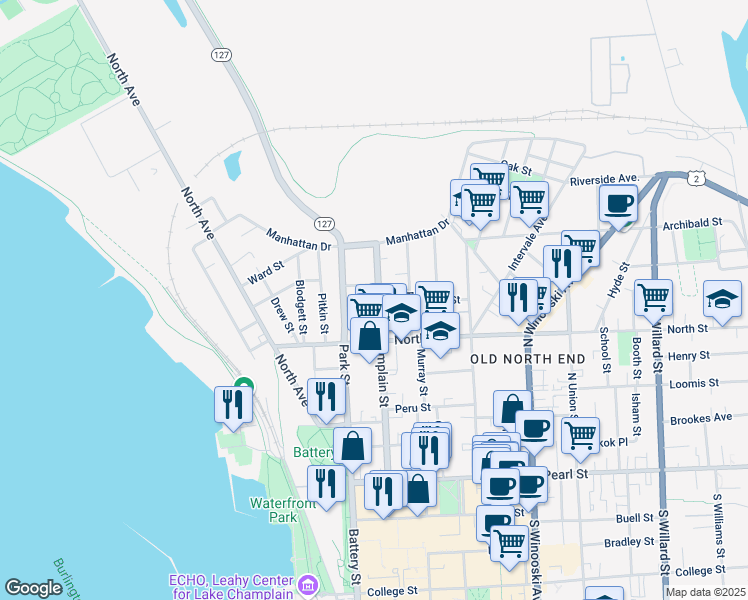 map of restaurants, bars, coffee shops, grocery stores, and more near 187 North Champlain Street in Burlington