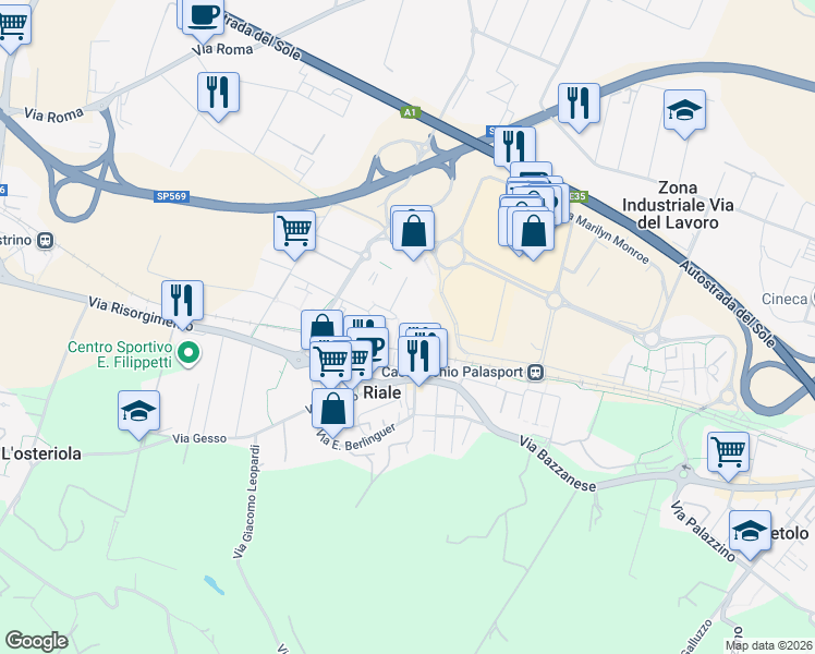 map of restaurants, bars, coffee shops, grocery stores, and more near 6 Piazza Aldo Moro in Zola Predosa