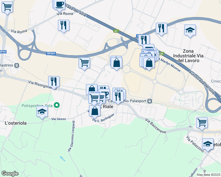 map of restaurants, bars, coffee shops, grocery stores, and more near 13 Piazza Aldo Moro in Zola Predosa
