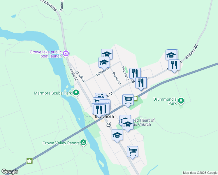 map of restaurants, bars, coffee shops, grocery stores, and more near 23 North Hastings Avenue in Marmora