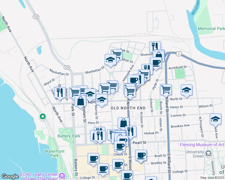 map of restaurants, bars, coffee shops, grocery stores, and more near 192 Elmwood Avenue in Burlington