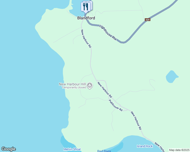 map of restaurants, bars, coffee shops, grocery stores, and more near 173 New Harbour Road in Hubbards