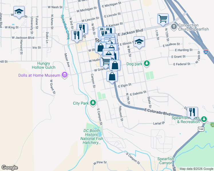 map of restaurants, bars, coffee shops, grocery stores, and more near 139 Elgin Street in Spearfish