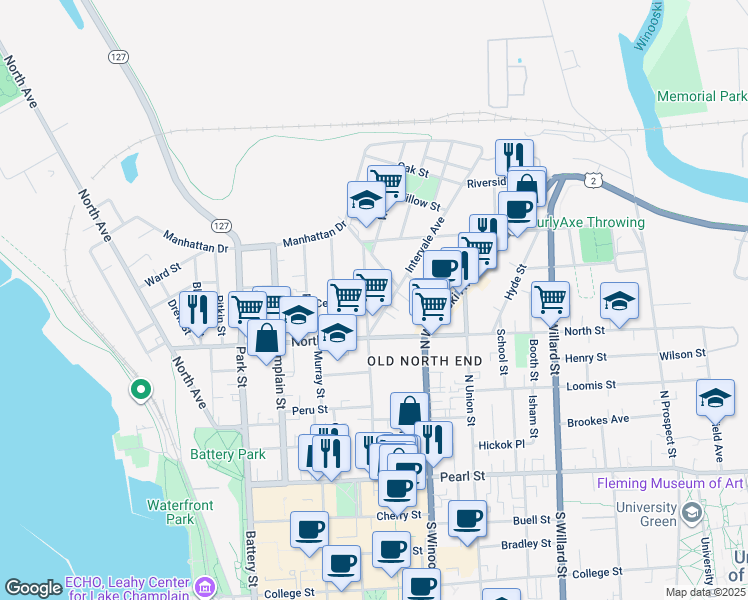 map of restaurants, bars, coffee shops, grocery stores, and more near 176 Elmwood Avenue in Burlington