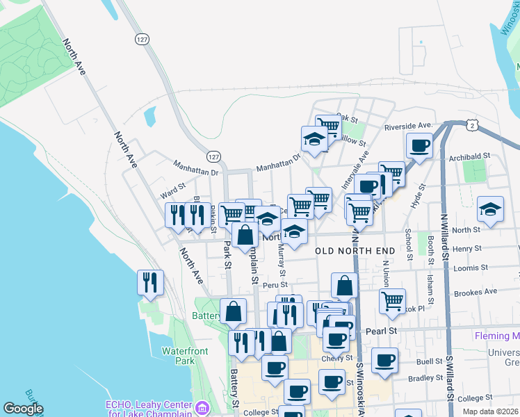 map of restaurants, bars, coffee shops, grocery stores, and more near 173 North Champlain Street in Burlington