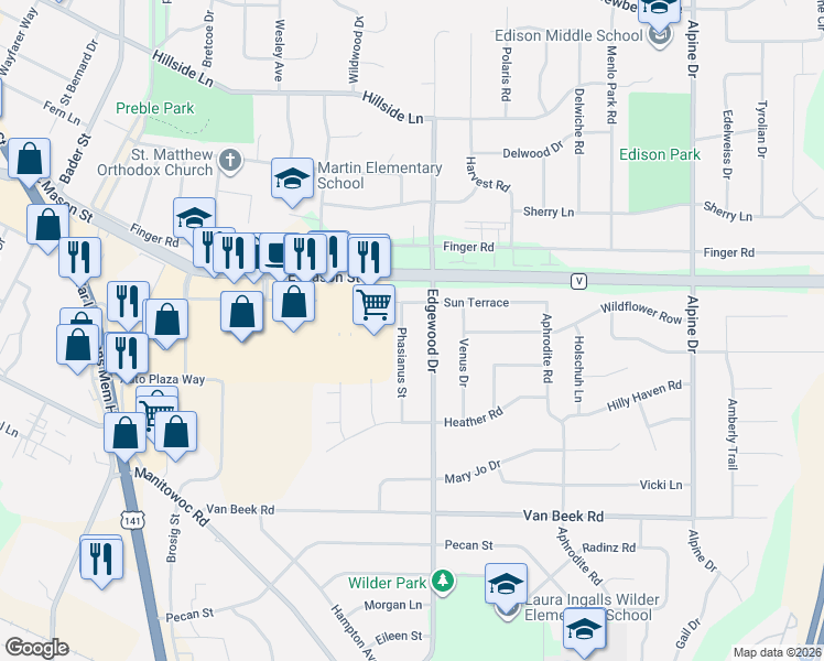 map of restaurants, bars, coffee shops, grocery stores, and more near 830 Edgewood Drive in Green Bay
