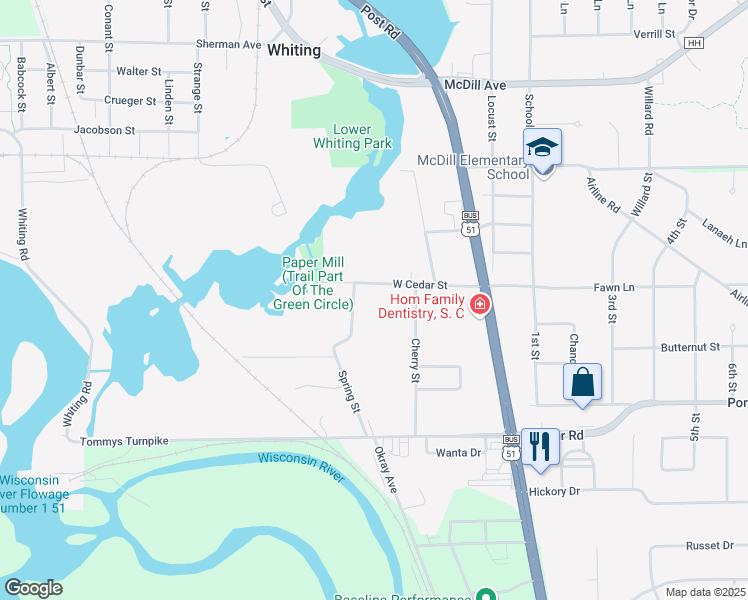 map of restaurants, bars, coffee shops, grocery stores, and more near 404 West Cedar Street in Stevens Point