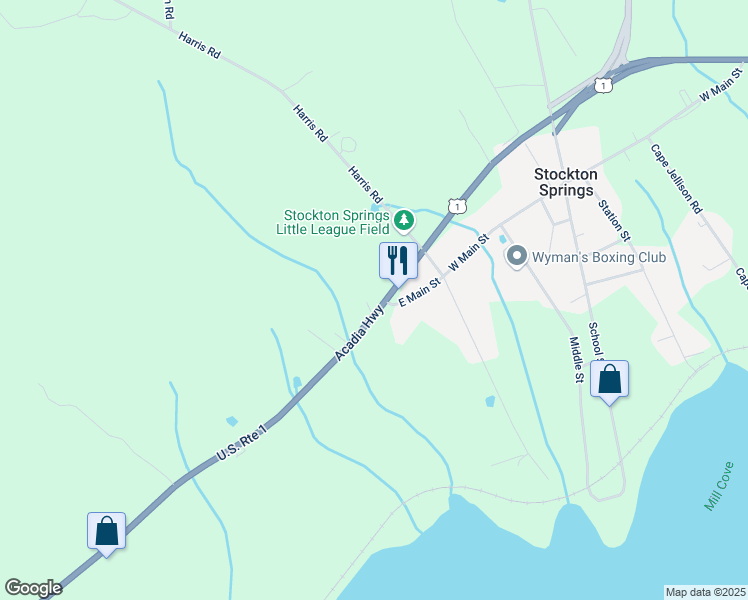 map of restaurants, bars, coffee shops, grocery stores, and more near 460 East Main Street in Stockton Springs