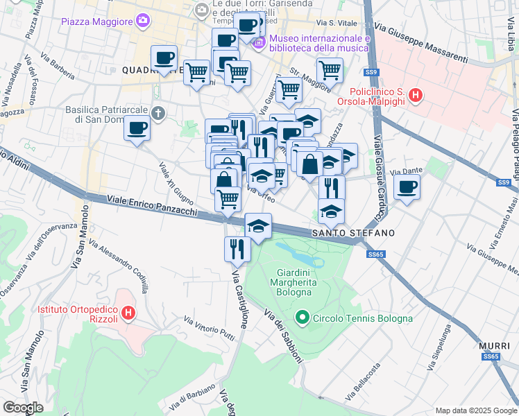 map of restaurants, bars, coffee shops, grocery stores, and more near 12 Via Giovanni Pascoli in Bologna
