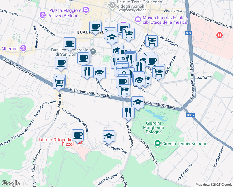map of restaurants, bars, coffee shops, grocery stores, and more near 1 Viale Enrico Panzacchi in Bologna