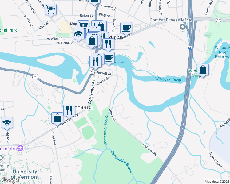 map of restaurants, bars, coffee shops, grocery stores, and more near 60 Grove Street in Burlington