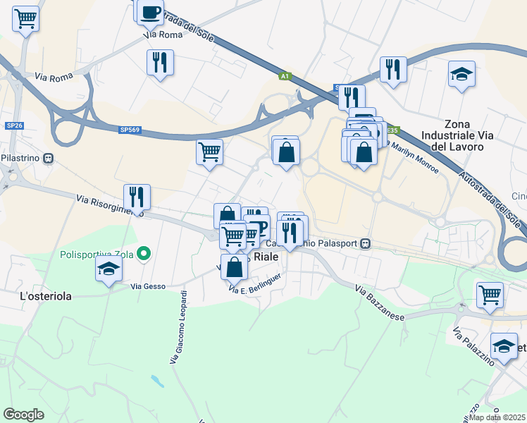 map of restaurants, bars, coffee shops, grocery stores, and more near 13 Piazza Aldo Moro in Zola Predosa