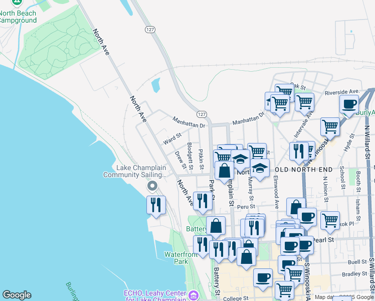 map of restaurants, bars, coffee shops, grocery stores, and more near 55 Blodgett Street in Burlington
