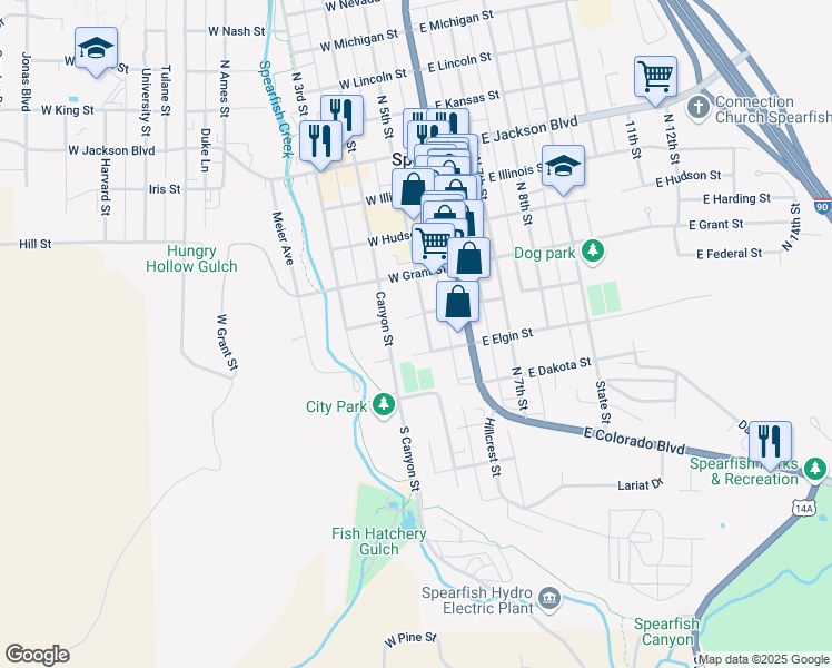 map of restaurants, bars, coffee shops, grocery stores, and more near 235 Elgin Street in Spearfish