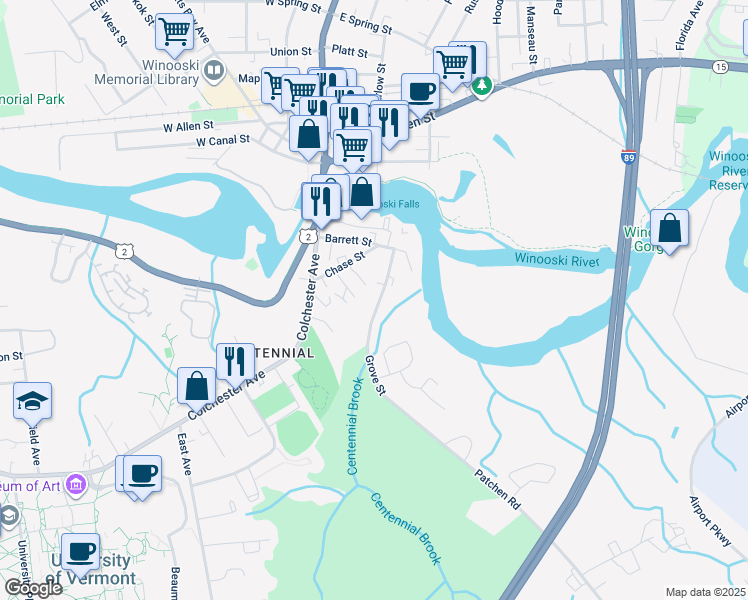 map of restaurants, bars, coffee shops, grocery stores, and more near 63 Grove Street in Burlington
