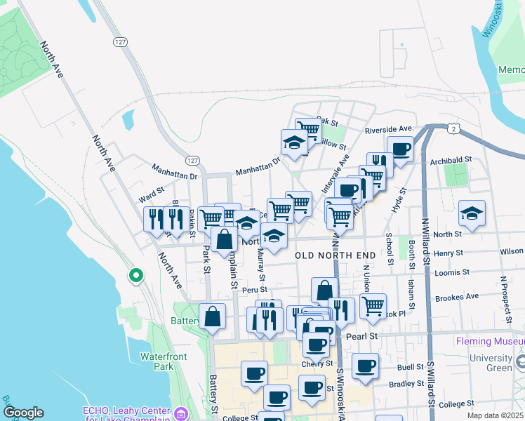 map of restaurants, bars, coffee shops, grocery stores, and more near 122 North Street in Burlington