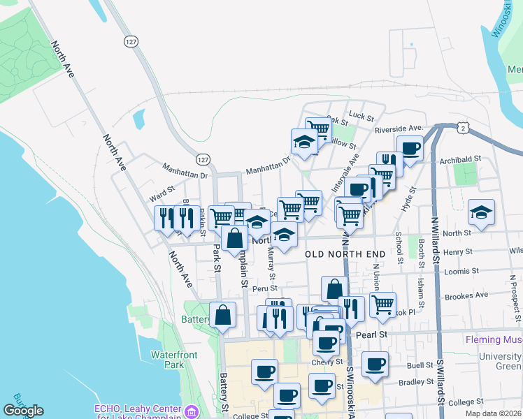 map of restaurants, bars, coffee shops, grocery stores, and more near 122 North Street in Burlington