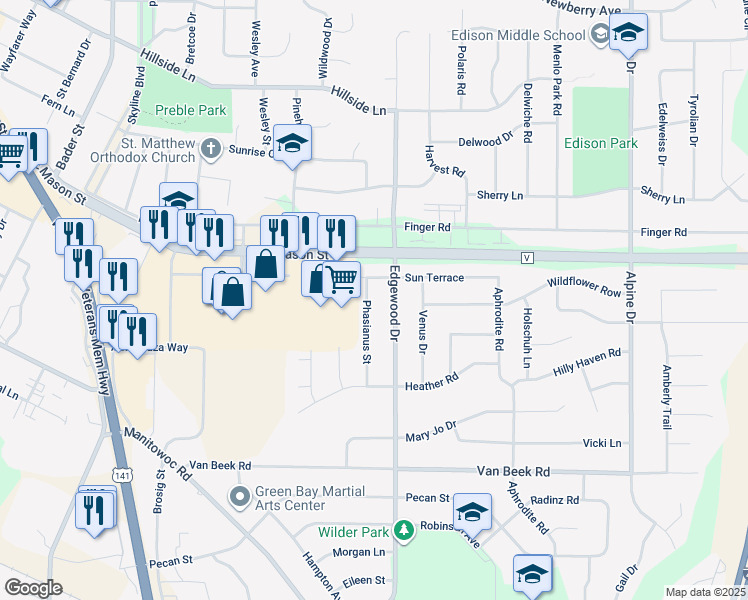 map of restaurants, bars, coffee shops, grocery stores, and more near 830 Edgewood Drive in Green Bay