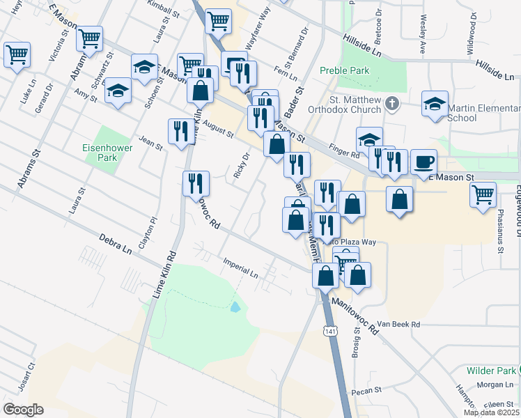 map of restaurants, bars, coffee shops, grocery stores, and more near 2201 Manitowoc Road in Green Bay
