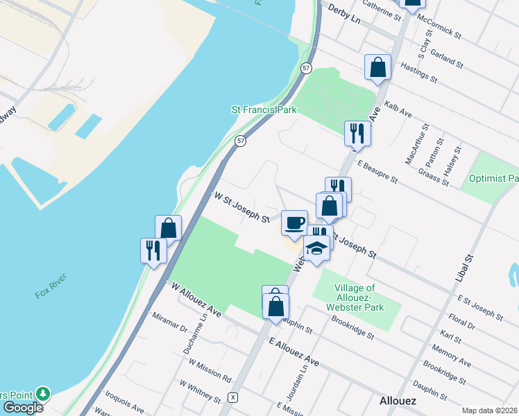 map of restaurants, bars, coffee shops, grocery stores, and more near 11 West Saint Joseph Street in Allouez