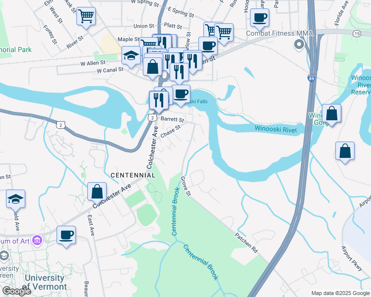 map of restaurants, bars, coffee shops, grocery stores, and more near 63 Grove Street in Burlington
