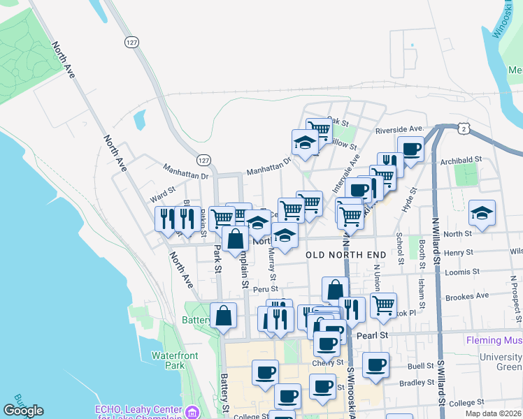 map of restaurants, bars, coffee shops, grocery stores, and more near 122 North Street in Burlington