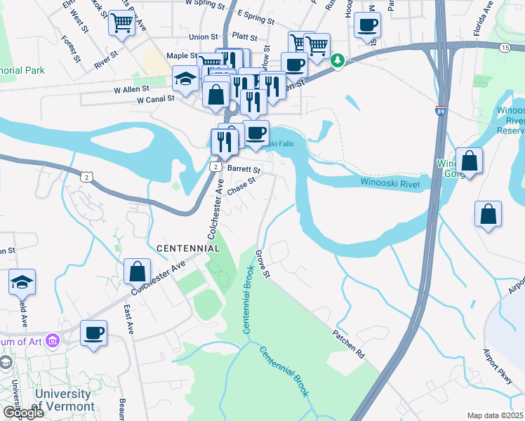 map of restaurants, bars, coffee shops, grocery stores, and more near 60 Grove Street in Burlington
