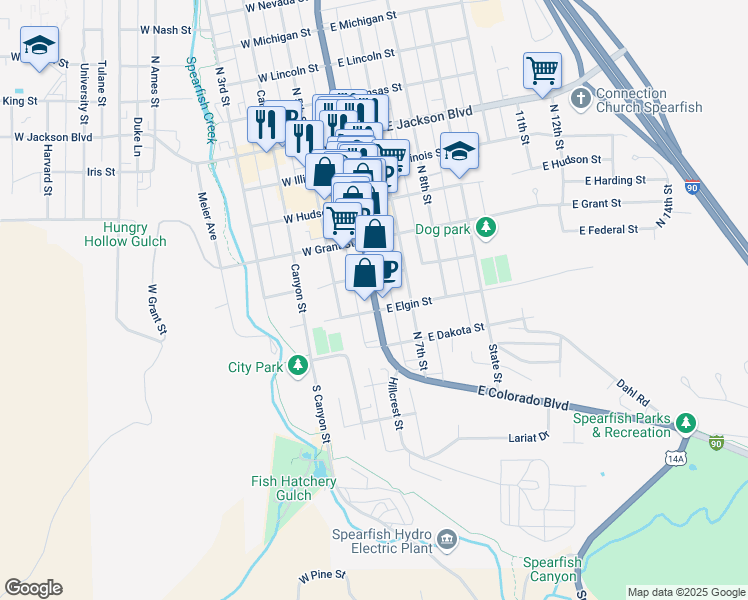 map of restaurants, bars, coffee shops, grocery stores, and more near 329 North Main Street in Spearfish