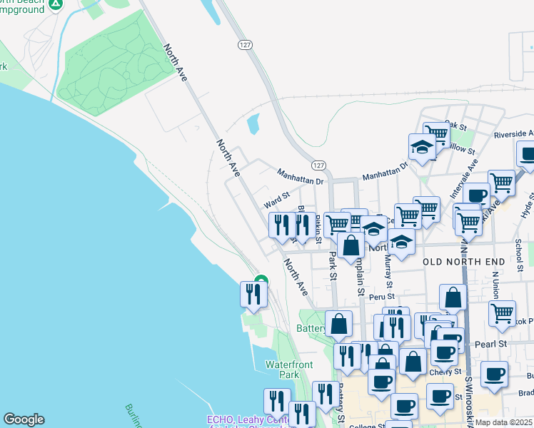 map of restaurants, bars, coffee shops, grocery stores, and more near 60 Lakeview Terrace in Burlington
