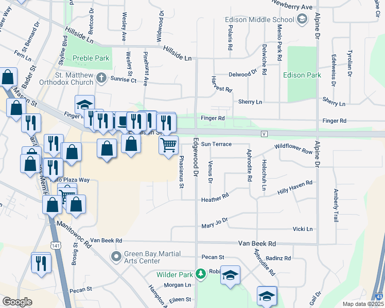 map of restaurants, bars, coffee shops, grocery stores, and more near 830 Edgewood Drive in Green Bay