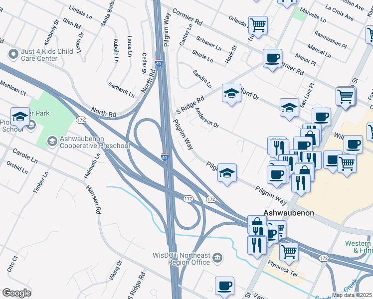 map of restaurants, bars, coffee shops, grocery stores, and more near 1069 Pilgrim Way in Green Bay